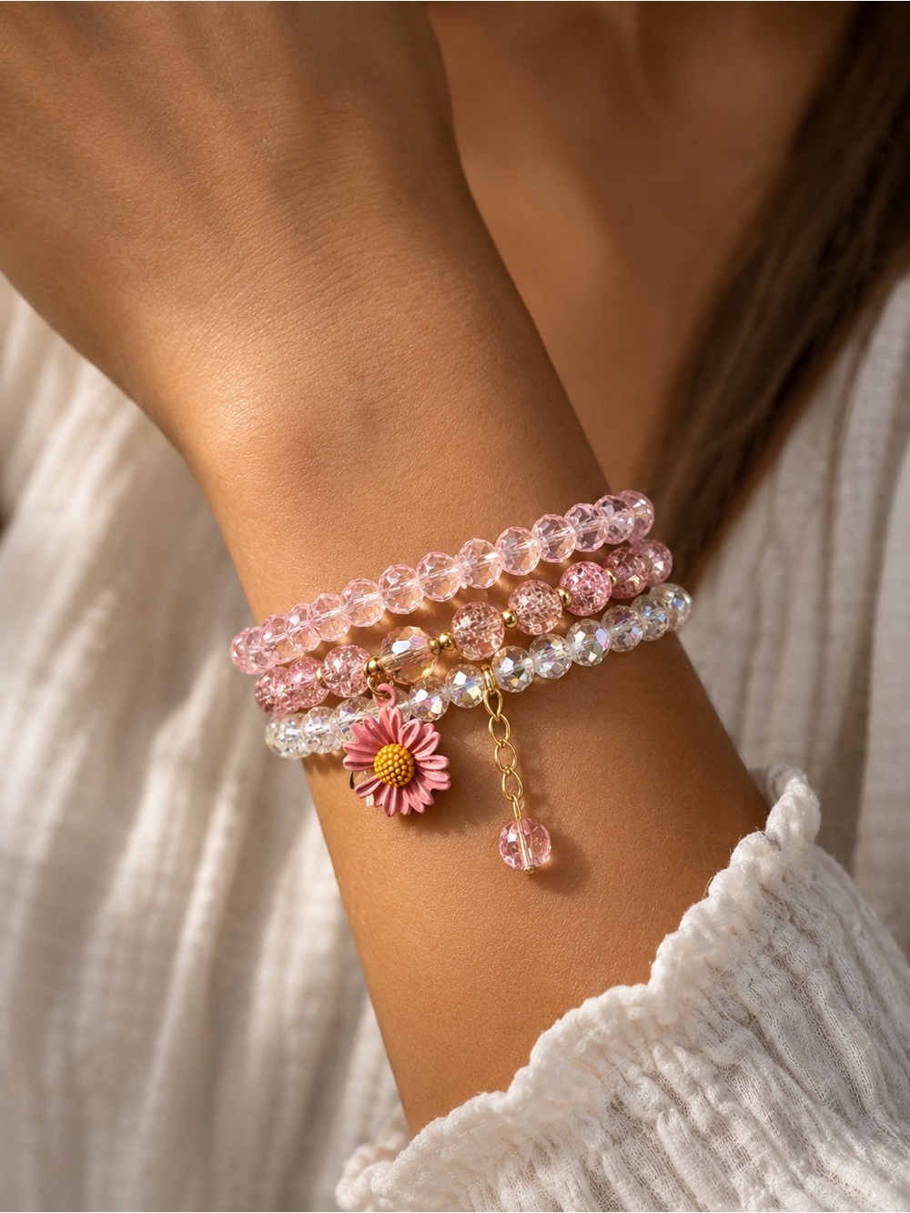 3 pc set: Pink Daisy Charm Glass Beaded Bracelet Set